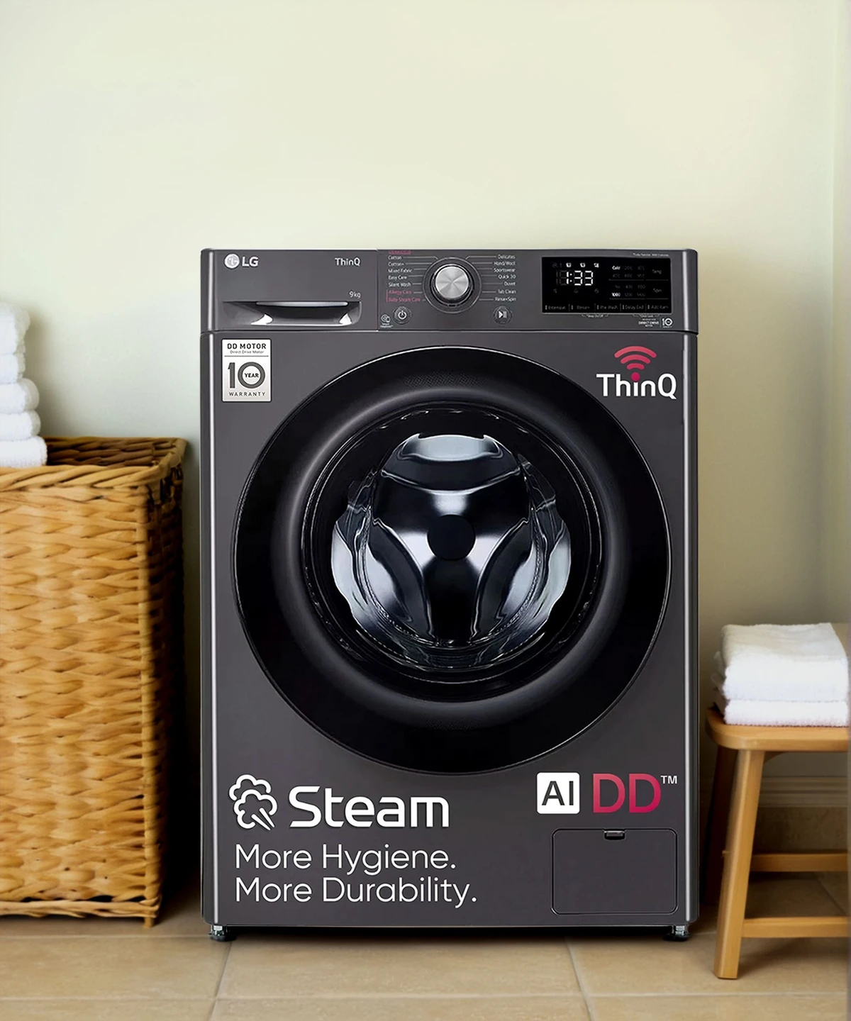 LG 9 kg 5 Star with AI Direct Drive, 6 Motion, Inverter Direct Drive, Steam and Wi-Fi Enabled Fully Automatic Front Load with In-built Heater Black (FHP1209Z5M)