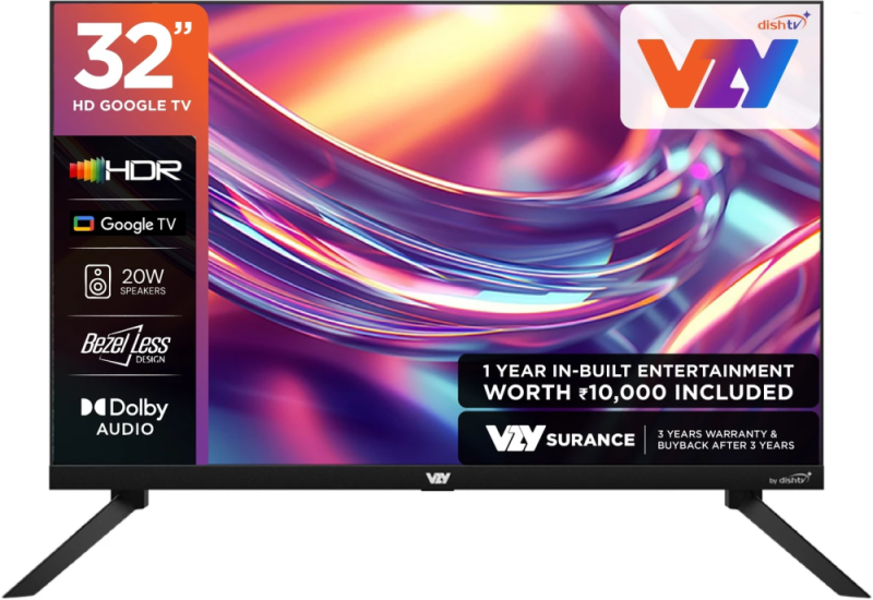 VZY 32 Inch HD Ready Smart Google TV with HDR, Dolby Audio, 20W Speakers, Bezel-Less Design & 3 Years Warranty