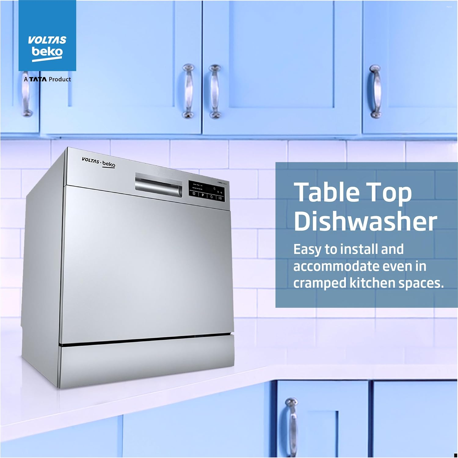 Voltas Beko 8 Place Settings Table Top Dishwasher (DT8S, Silver, Inbuilt Heater)