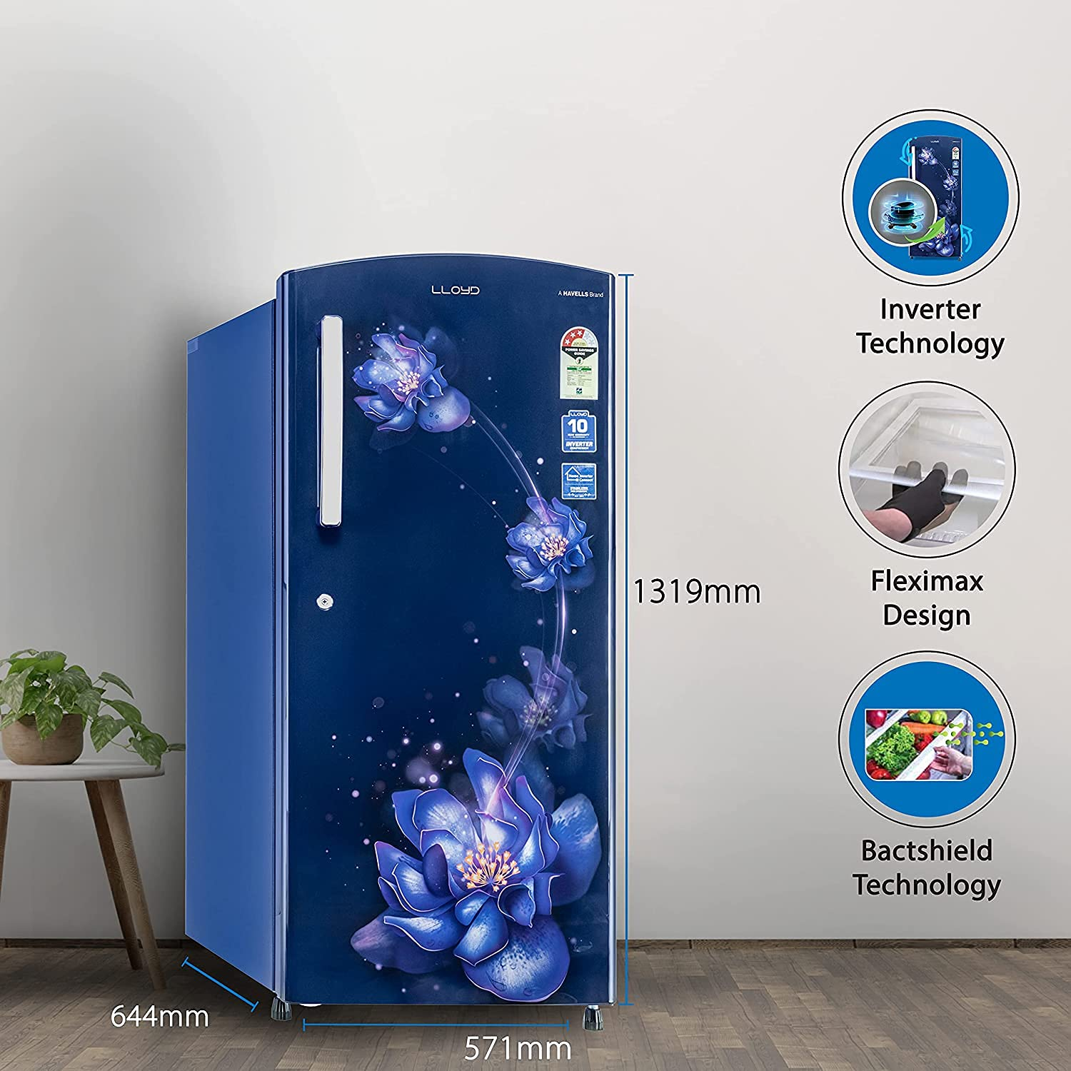 Lloyd 225 L 3 Star Inverter Direct Cool Single Door Refrigerator (GLDF243SSBT2PB, Stellata Blue)