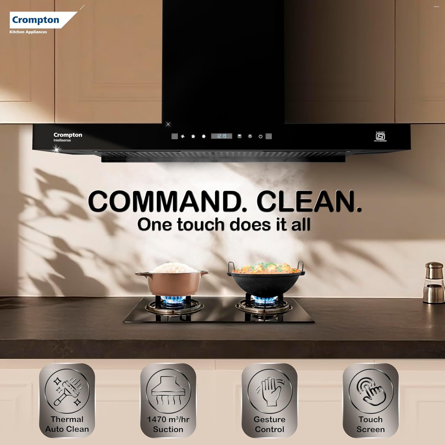 Crompton Intelli Sense 1470m3/hr 90cm Box Kitchen Chimney| Filterless Autoclean| Built In Oil Collector| Touch+ Motion Sensor Control| 10 Yrs Motor & 1 Yr Overall Warranty