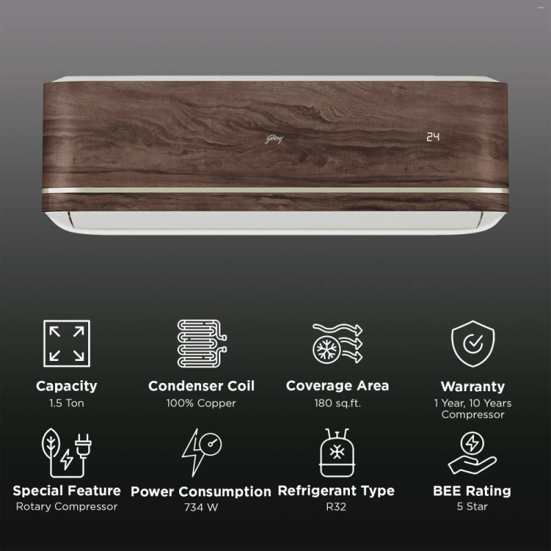 Godrej Vogue Wood SIC 18VTC5 GZP MG IOT Convertible 1.5 Ton 5 Star Inverter Split Smart AC with App Control