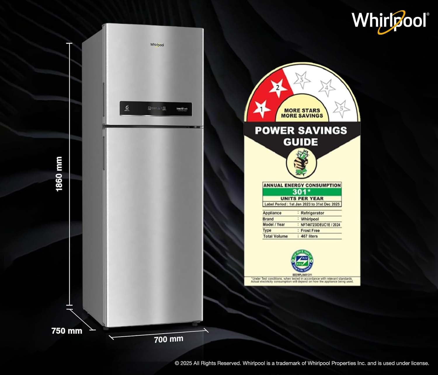 whirlpool Intellifresh 467L 2 Star Platina Convertible Frost Free Double-Door Refrigerator