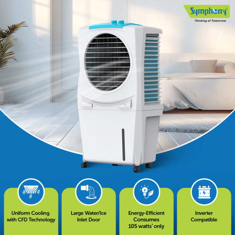 Symphony 27 L Room/Personal Air Cooler with 3 side Honeycomb Cooling Pad CFD Technology Inverter Compatible (White, Ice cube 27)