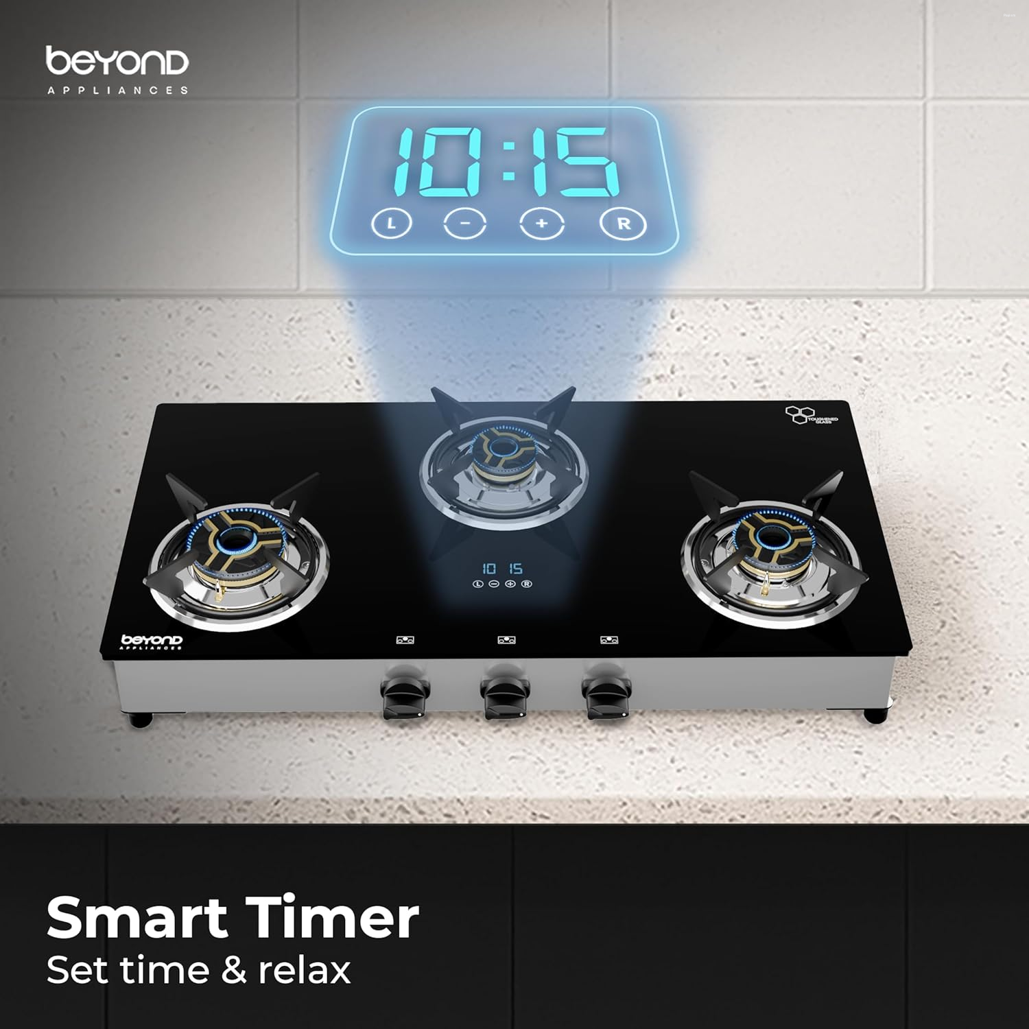 BEYOND Appliances Auriga 3 Burner Smart Glass Gas Stove | Auto Ignition | Digital Timer | Flame Failure Device | Toughened Glass | ISI Certified | LPG & PNG Compatible Cooktop | PAN India Service