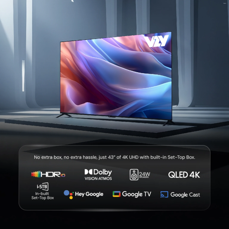 VZY 43 Inch 4K Ultra HD QLED Smart Google TV with In-Built Set Top Box, Dolby Vision & Atmos, HDR10, Chromecast, Voice Remote, 24W Speakers, 20 Premium OTT Apps & 3 Years Warranty
