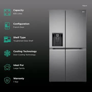 LG 630 L 3 Star Frost Free Smart Inverter Wi-Fi Double Door Side by Side Refrigerator (GL-L257CPZ3, Shiny Steel, Convertible, Door Cooling, Multi Air Flow | With Water & Ice Dispenser)