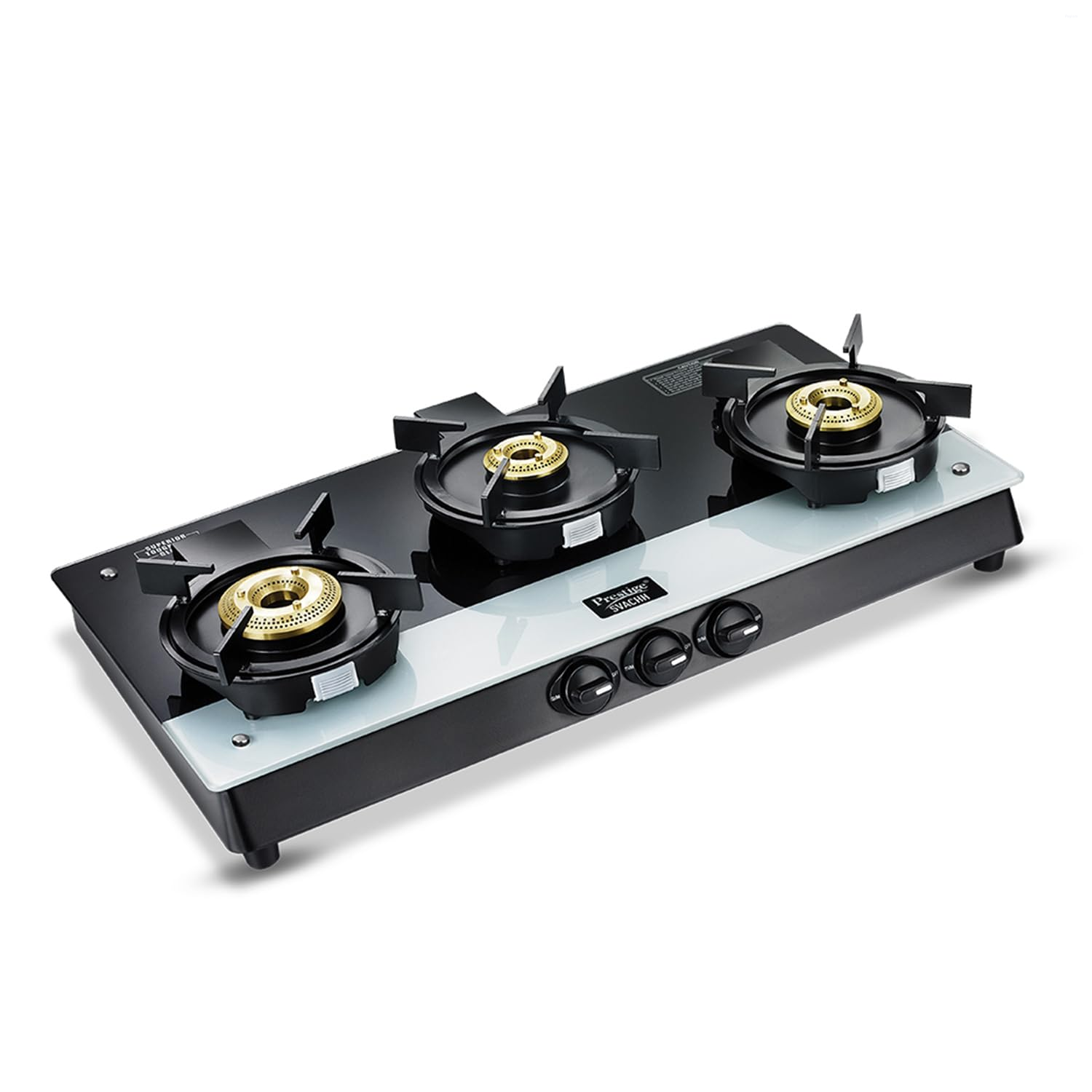 Prestige Svachh Duo Gtsd 03 Toughened Glass With Liftable 3 Burners Gas Stove, Black, Manual Ignition, Tempered Glass