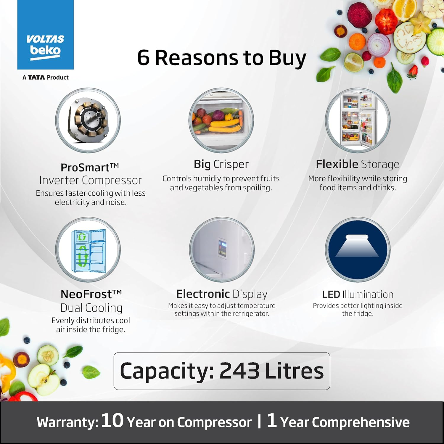 Voltas Beko 243 L Frost Free Double Door 2 Star Refrigerator (BRUSHED SILVER, RFF280D / WPXIR0I0000GO)