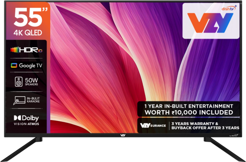 VZY 55 Inch 4K Ultra HD QLED Smart Google TV with Dolby Vision & Atmos, HDR10, MEMC, Chromecast, Voice Remote, In-Built Karaoke, 50W Speakers, 20 Premium OTT Apps & 3 Years Warranty