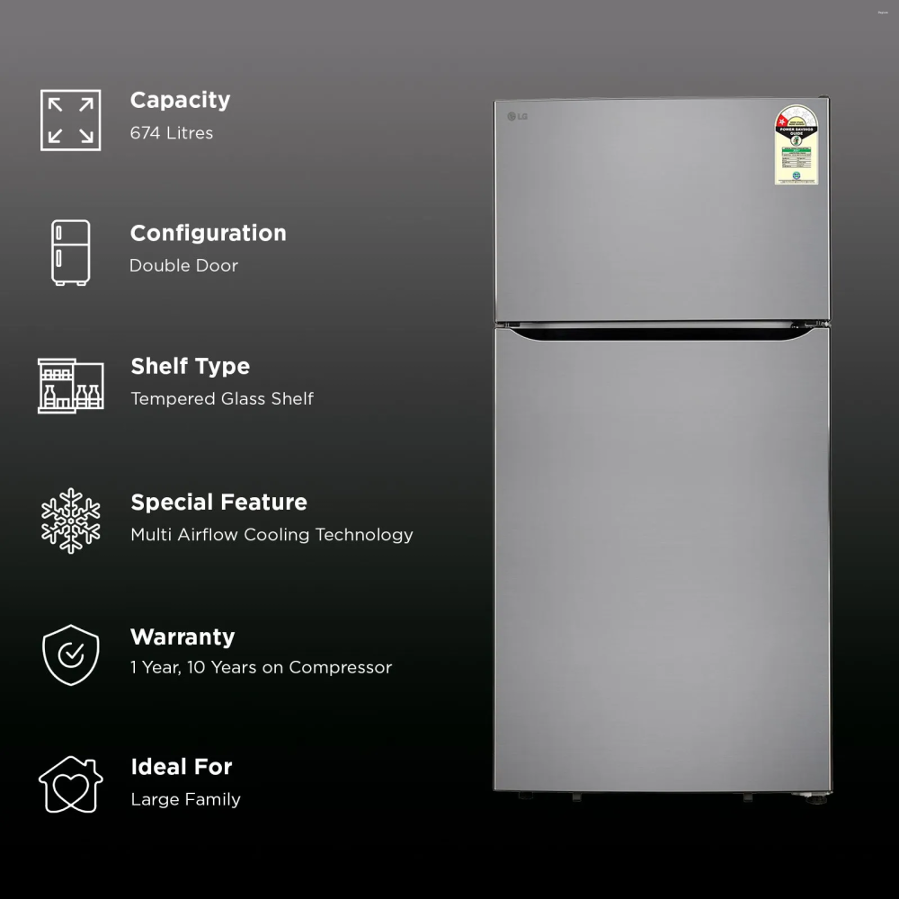 LG 674 Litres 1 Star Frost Free Double Door Refrigerator with Express Freeze (GLT6816ODPZ, Shiny Steel) (2026 Model)