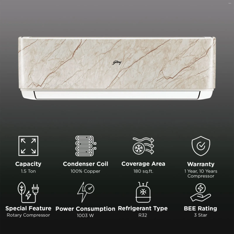 Godrej Vogue Marble SIC 18VTC3 WZQ MBB IOT Convertible 1.5 Ton 3 Star Inverter Split AC with App Control (Beige / White)