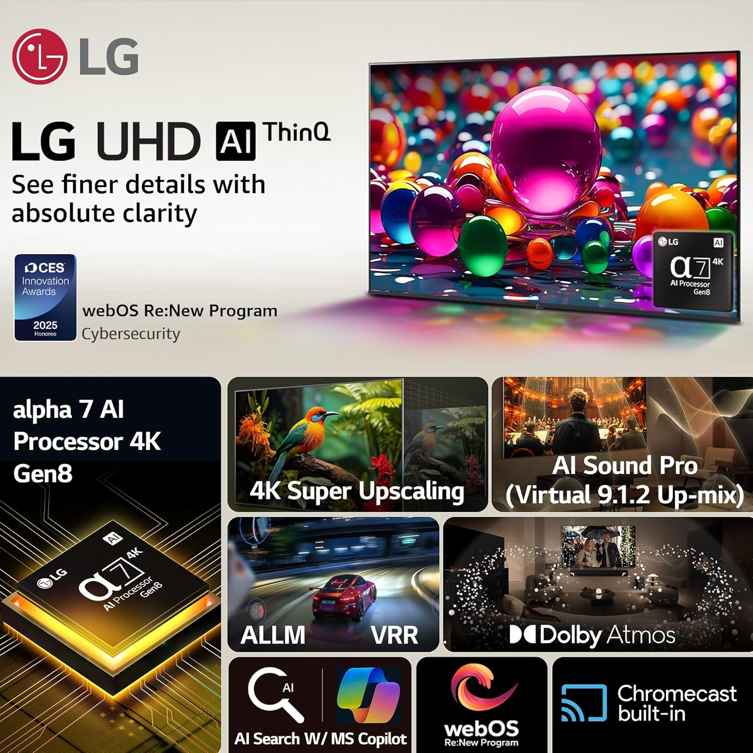 LG AI UA8250 108 cm (43 inch) Ultra HD (4K) LED Smart WebOS TV 2025 Edition with Alpha7tH Ultra AI Processor 4K Gen8 | AI Picture Pro NEW AI Magic Remote Compatible | AI Sound Pro (9.1.2 ch) | Dolby A