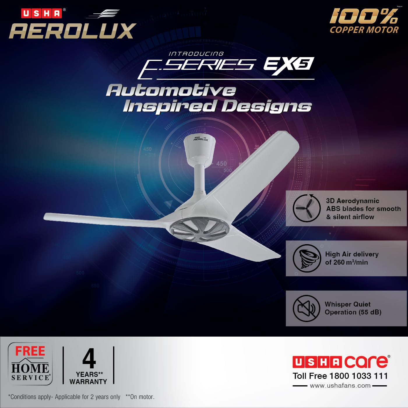 USHA Aerolux EX5 1320 mm Premium Design, Silent Ceiling Fan with ABS Blades (Galaxy White)