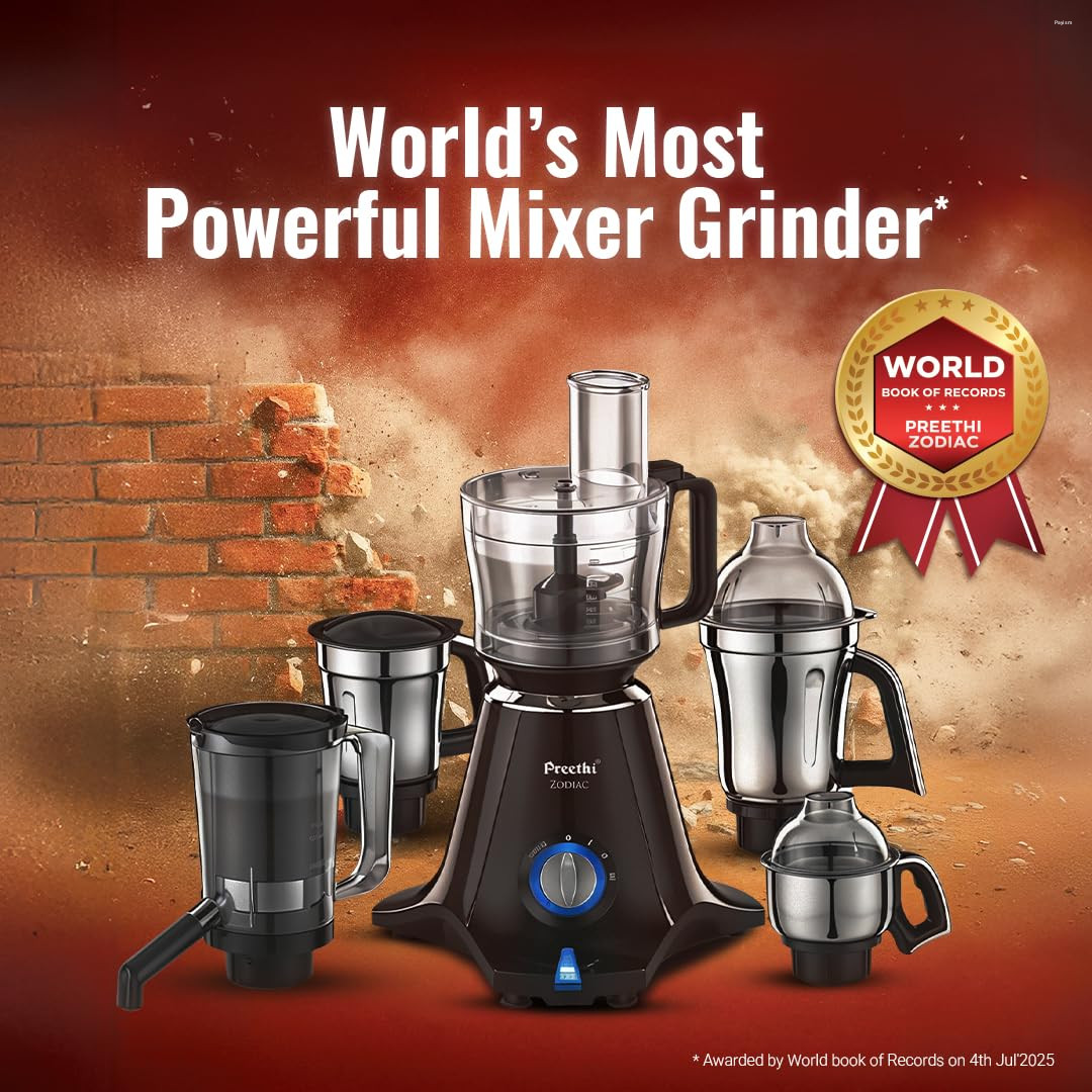 Preethi Zodiac MG-218 mixer grinder, 750 watt, Black/Light Grey, 5 jars - 3 In 1 insta fresh juicer Jar & Master chef food processor Jar, Vega W5 motor