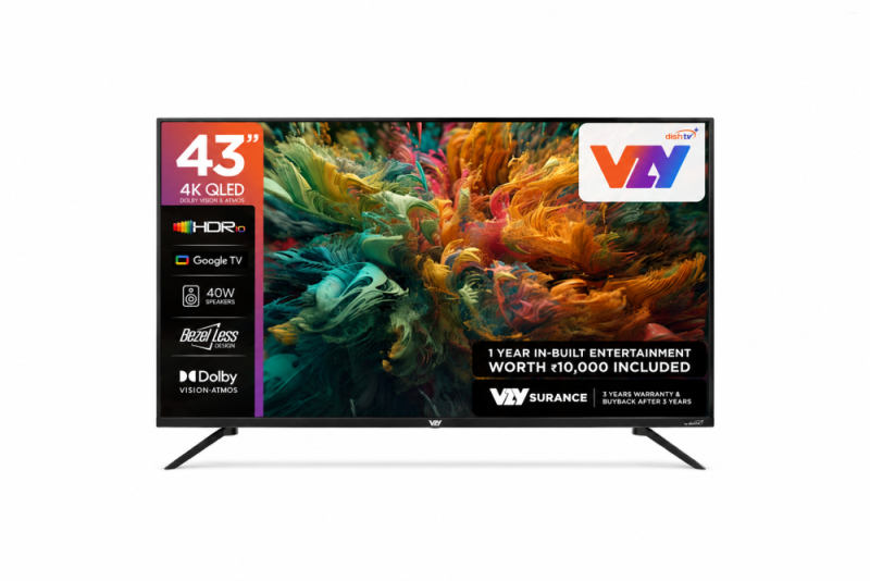 VZY 43 Inch 4K Ultra HD QLED Smart Google TV (Dolby Vision Atmos, HDR10, Voice Remote, Chromecast, 40W Sound, 20 OTT Apps, 12 Months DTH HD Pack, 3 Years Warranty)
